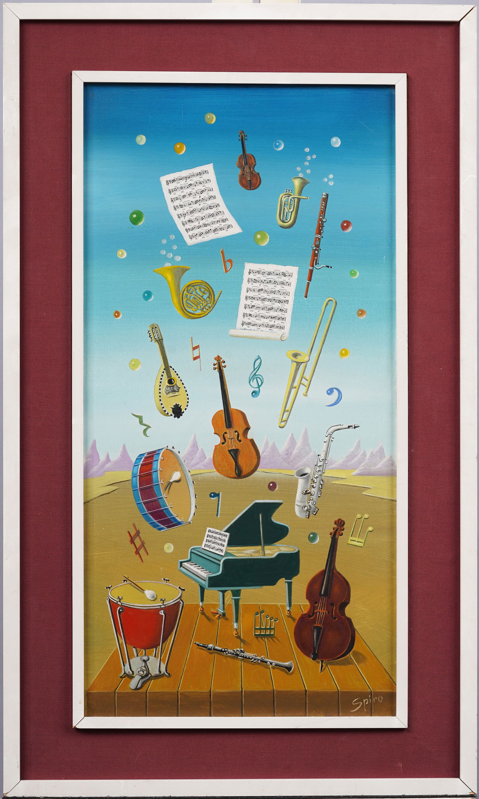 Georges Spiro (1909-1994) Antique French Modernist Surreal Musical Landscape Oil Painting: Antique French surreal oil painting by Georges Spiro (1909 - 1994). Oil on canvas. Signed. Framed. Measuring 17 by 29 inches overall and 12 by 24 painting alone. Please see all images for condition. S