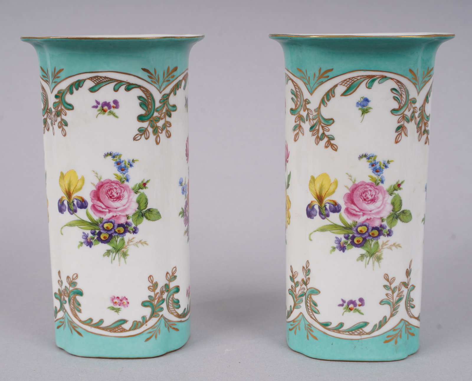 Pair of Antique French Paris Royal Porcelain Vases: Measuring 8 by 4 by 3 inches. Please see all images for condition. Size is measured and written on the back of the painting. The first size is the overall size, the second size is the image size. For 