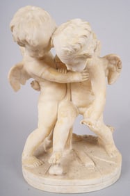 Sculpted White Marble Figural Group of Two Winged Putti Carved Sculpture