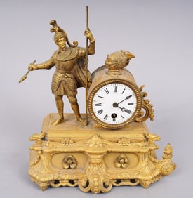 European Gilt Bronze and Metal Mantel Clock Figural Army Portrait 19th Century