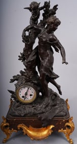 "L' indiscret" Antique French Figural Bronze Sculpture Clock by  Mathurin Moreau