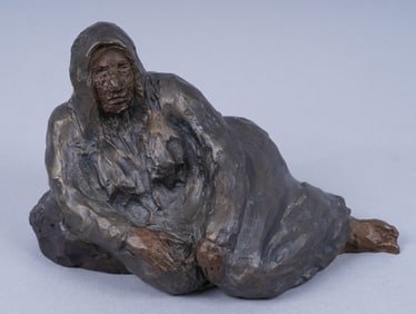 Latin American School Modernist Lounging Elder Woman Broze Signed Sculpture