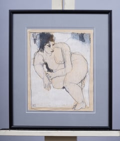 Vintage Monogrammed American School Modernist Nude Portrait Framed Painting