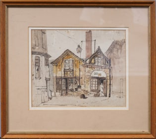 Antique English Signed Street Scene London School Framed Watercolor Painting