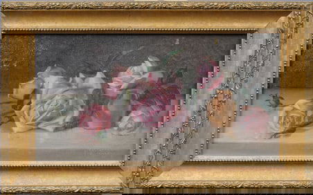 Antique American Victorian Framed Rose Flower Still Life Oil Painting