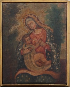 Antique European Madonna and Child Portrait Framed Oil Painting