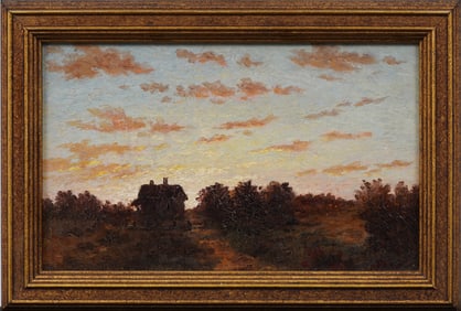 Antique American Southern School Sunset Landscape Framed Original Oil Painting