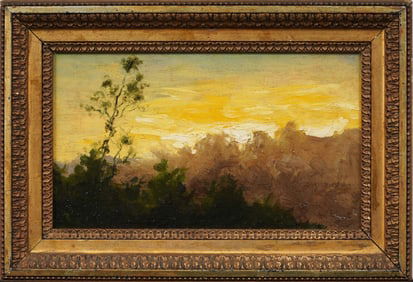 Antique American Hudson River School Sunset Landscape Original Oil Painting Landscape Sketch