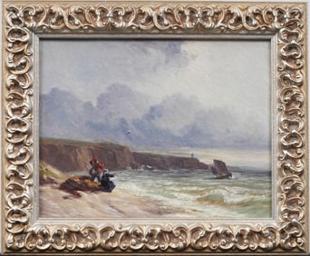 Antique European Coastal Seascape Framed Original Beach Scene Sailboat Oil Painting