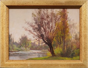 Antique American School Impressionist Framed Landscape Original Oil Painting