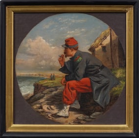 Antique Monogrammed French Soldier Smoking a Portrait Framed Seaside Oil Painting