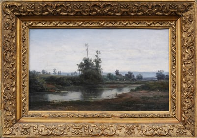 Antique French Impressionist Barbizon School Framed Landscape Oil Painting Signed "A Perrin"