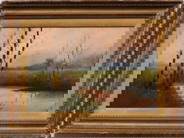 Antique Signed English Impressionist Sunset Landscape Framed Oil Painting