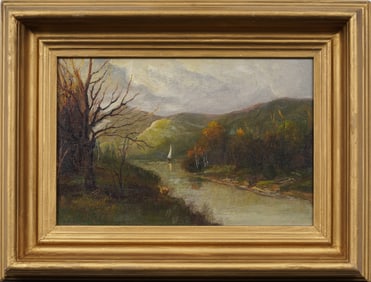Antique American Hudson River School Panoramic Landscape Framed Original Oil Painting