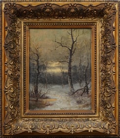 Signed Antique American School Winter Snow Landscape Twilight Sky Framed 19th Century Oil Painting