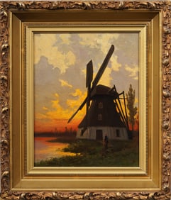 Antique Signed European Sunset Landscape Dutch Windmill Framed Original Oil Painting