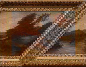 Antique American Framed Hudson River School Landscape Original Oil Painting
