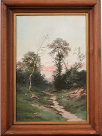 Antique European Impressionist Sunset Landscape Framed Oil Painting