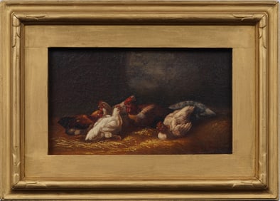 19th Century Finely Painted Antique American Farm Barn Interior Chicken Portrait Framed Oil Painting