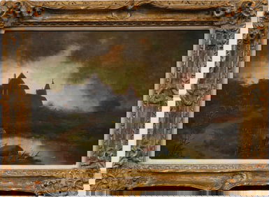 Antique American School Luminous Moonlit Estate Landscape Framed Signed Original Oil Painting