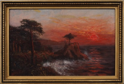Antique American School Blazing Sunset California Coastal Ocean Sunset Original Oil Painting