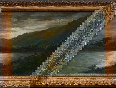 19th Century Signed European Impressionist Luminous Mountain River Landscape Moonlit Painting