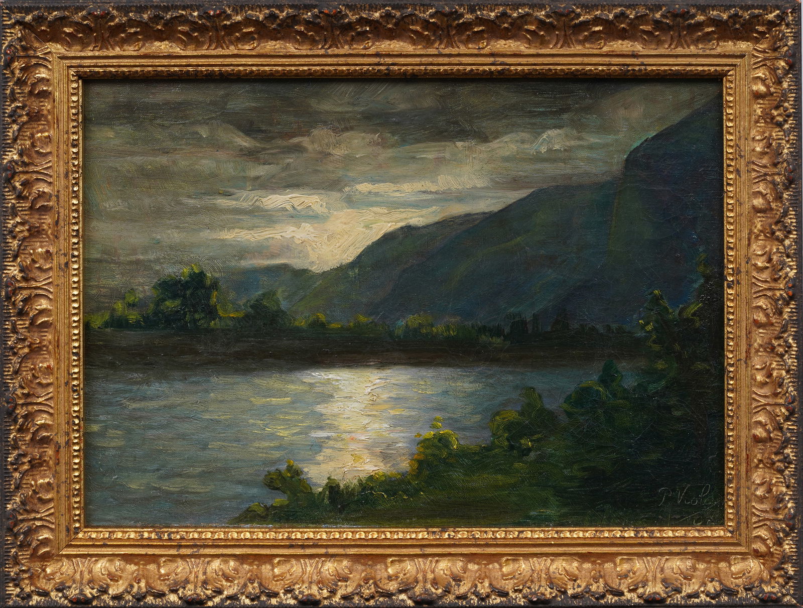 19th Century Signed European Impressionist Luminous Mountain River Landscape Moonlit Painting (1 of 6)