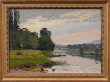 Antique French Impressionist Barbizon School River Landscape Framed Oil Painting