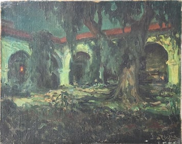 California Western Antique American Signed Moonlit Nocturnal Landscape Original Oil Painting