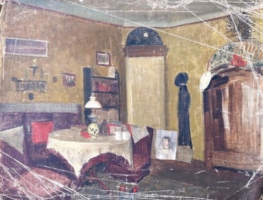 Antique Early American Modernist Interior Scene Macabre Skull Still Life Original Oil Painting