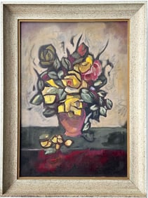 Early American Modernist Cubist Flower Still Life Nicely Framed Original Oil Painting