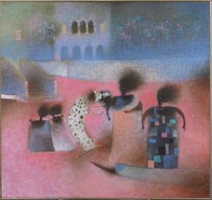Alton Pickens (1917 - 1991) Large Surreal Modernist Dogs and Figures Framed Oil Painting