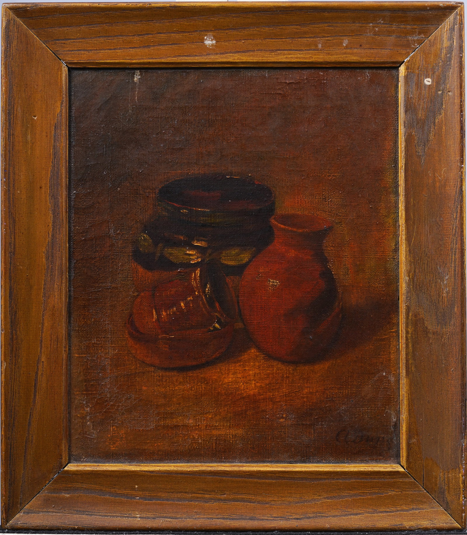 Signed Antique American School Framed Taos Western New Mexican Still Life Oil Painting: Antique American school still life oil painting. Oil on canvas. Signed. Framed. Measuring 14 by 16 inches overall and 10 by 12 painting alone. Please see all images for condition. Size is measured and