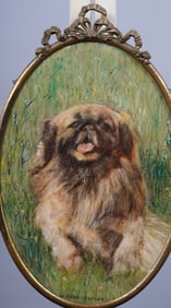 Signed Antique American School Framed Dog Portrait Original 19th Century Oil Painting
