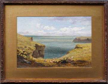 Michael Hannaford (1832 - 1891) Canadian Nova Scotia Cliffs Grazing Sheep Signed Oil Painting
