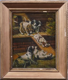 Vintage Signed Dog Portrait Puppies Playing Framed Landscape Signed Oil Painting