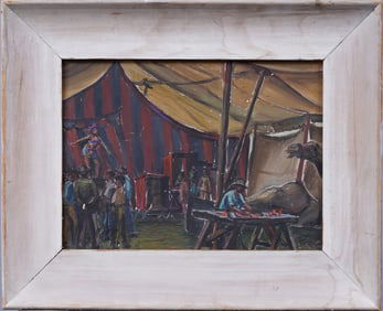 Antique American WPA Circus Tent Camel Portrait Social Realist 1930s Carnival Framed Oil Painting