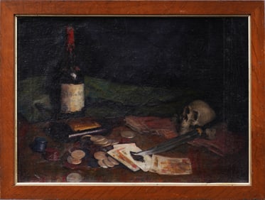 Antique American Impressionist Pirate Treasure Gold Coins and Skull Still Life Original Oil Painting