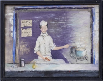 Antique American WPA Ashcan School Social Realist Hot Dog Stand Framed Original Oil Painting