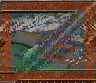 Antique American Modernist Chicken Grazing Framed River Landscape Original Oil Painting
