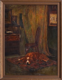 Antique American Sleeping Dog Portrait Interior Scene Framed Original Large Oil Painting
