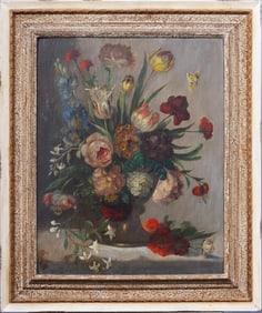 Antique English or European Old Master Flower Still Life Framed Original Oil Painting