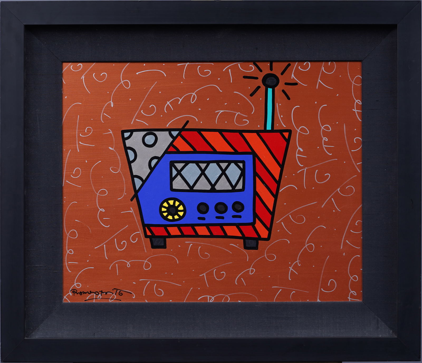 Romero Britto (Born 1963) Vintage American Pop Art Modernist Original Acrylic Painting "The Radio" (1 of 8)