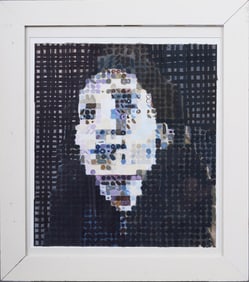 Vintage American Modernist Style of Chuck Close Photo Grid Woman Portrait Oil Painting
