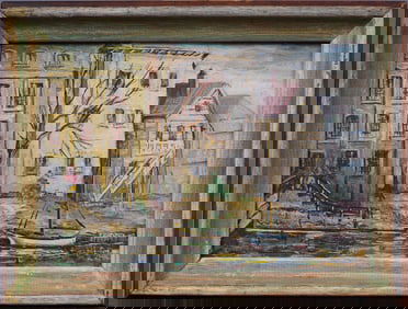 Vintage American Modernist Signed Cityscape Framed Original Oil Painting