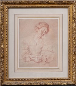 Antique European Old Master Framed Drawing Portrait of a Young Woman
