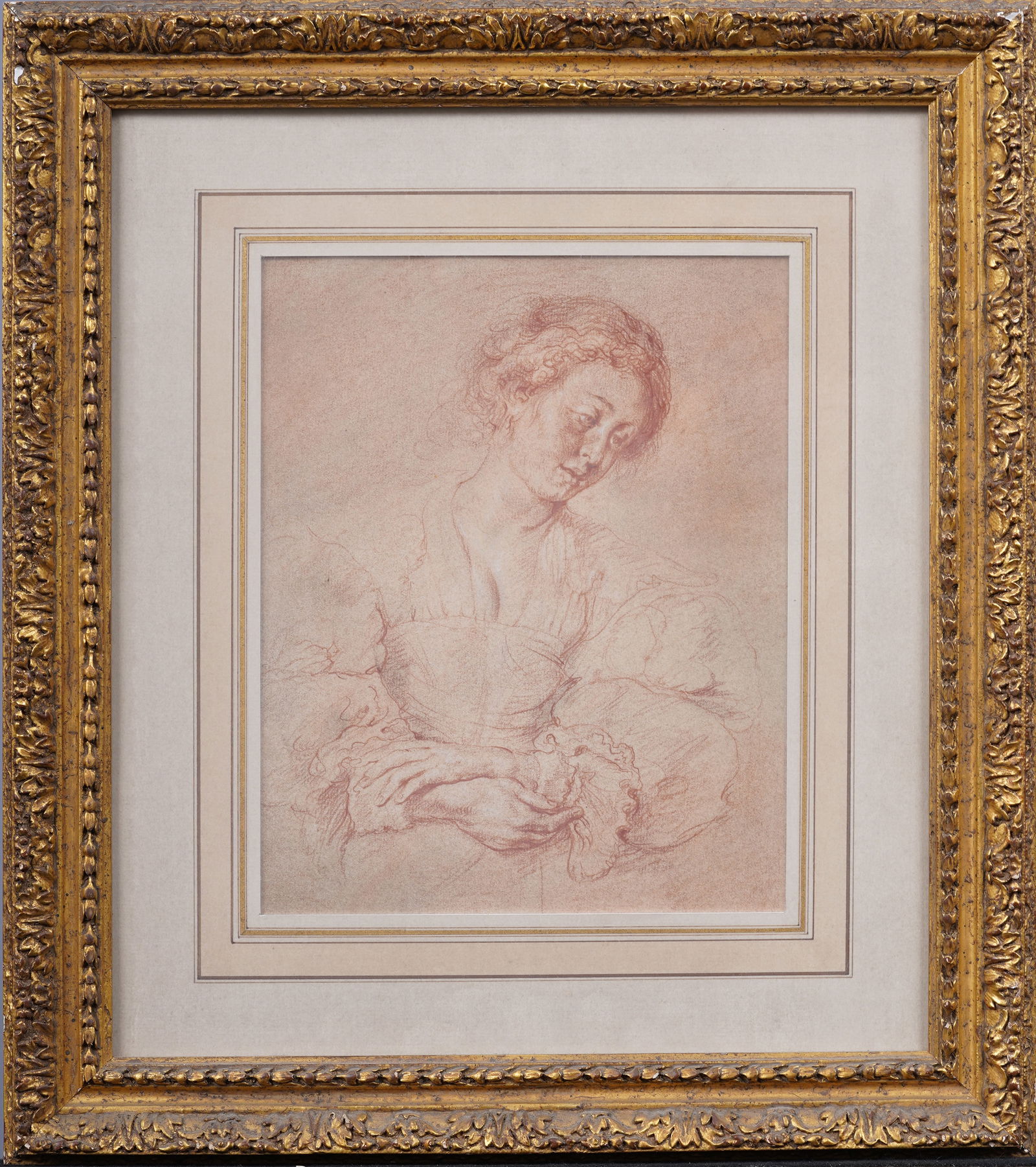 Antique European Old Master Framed Drawing Portrait of a Young Woman (1 of 6)