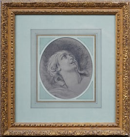 Antique European Old Master Framed Drawing Portrait of a Young Woman