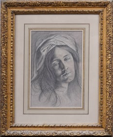 Antique European Old Master Framed Drawing Portrait of a Young Woman