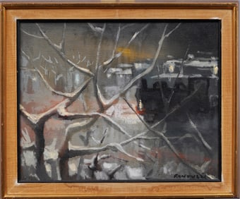 Elaino Fantuzzi (1909 - 1987) Vintage Italian Modernist Abstracted Winter Landscape Oil Painting
